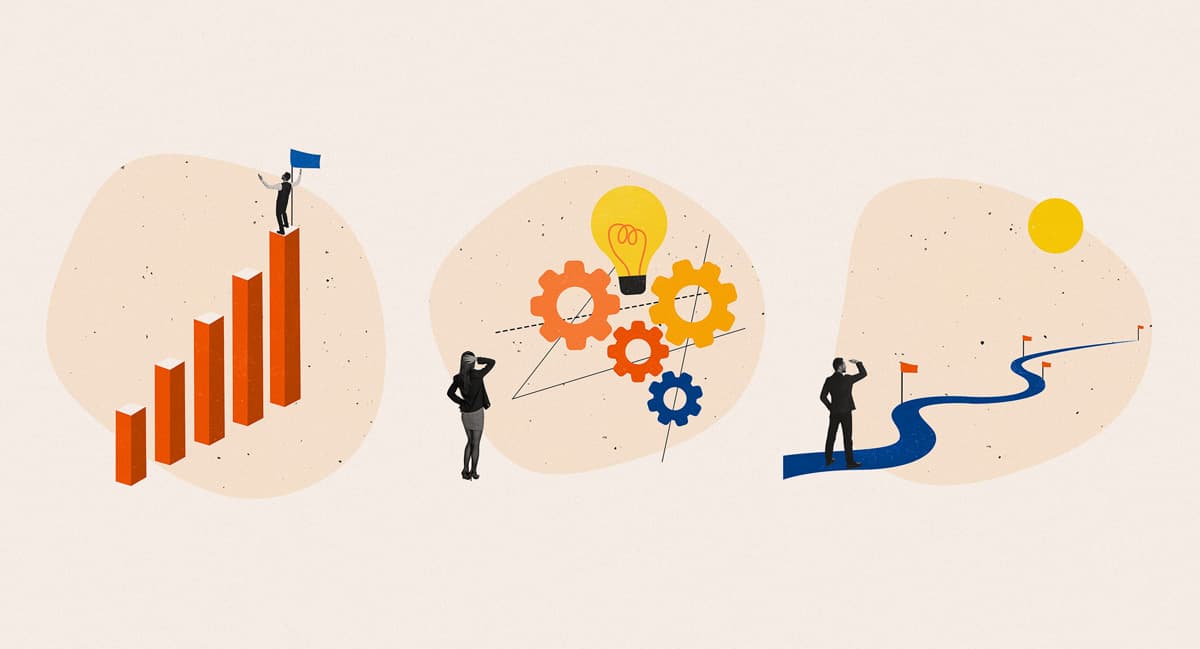 Illustration av en person som blickar ut över en slingrande blå väg med röda flaggor mot en solig horisont