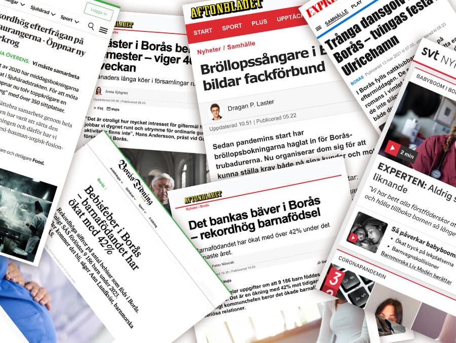 Bild på flera urklippta artiklar med rubriker om att barnafödandet ökat i Borås