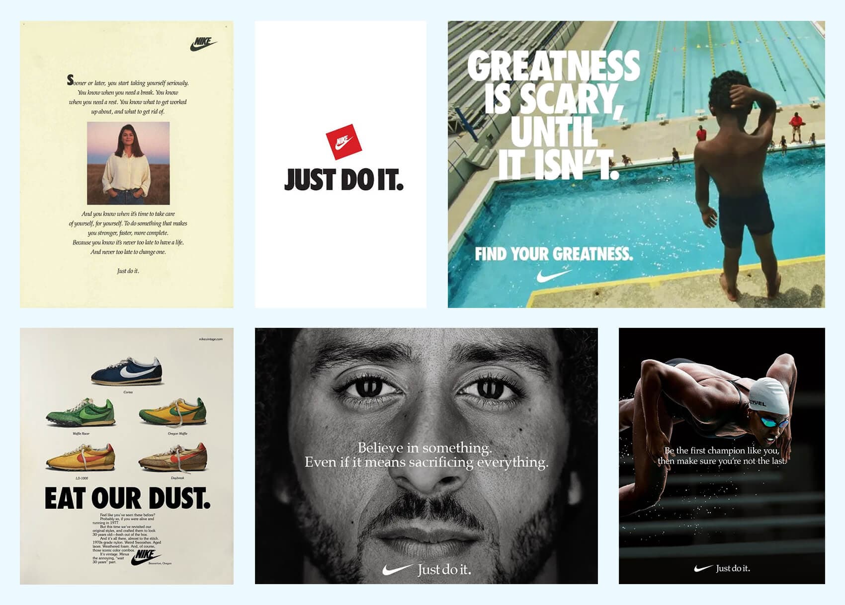 Flera bilder på kommunikationsuttryck från Nikes kampanjer