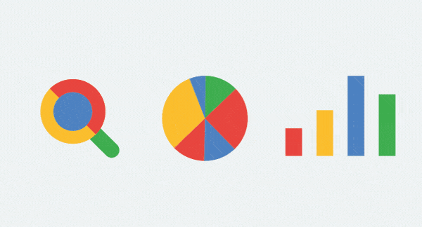 Animerad grafik i form av grafer, diagram och förstoringsglas med design inspirerat från Google