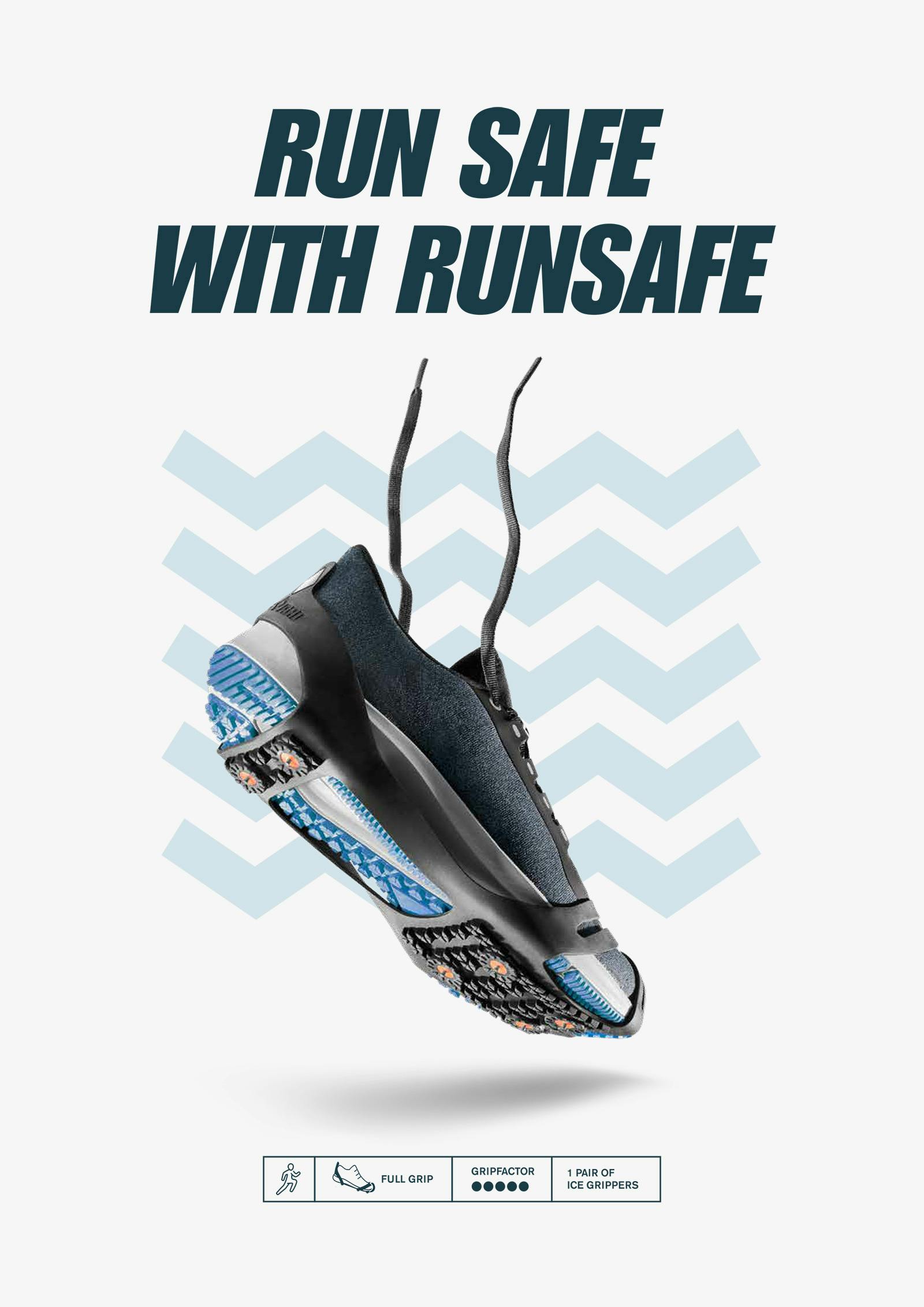 Träningssko med halkskydd monterat, grafik runtomkring och texten "Run safe with Runsafe"