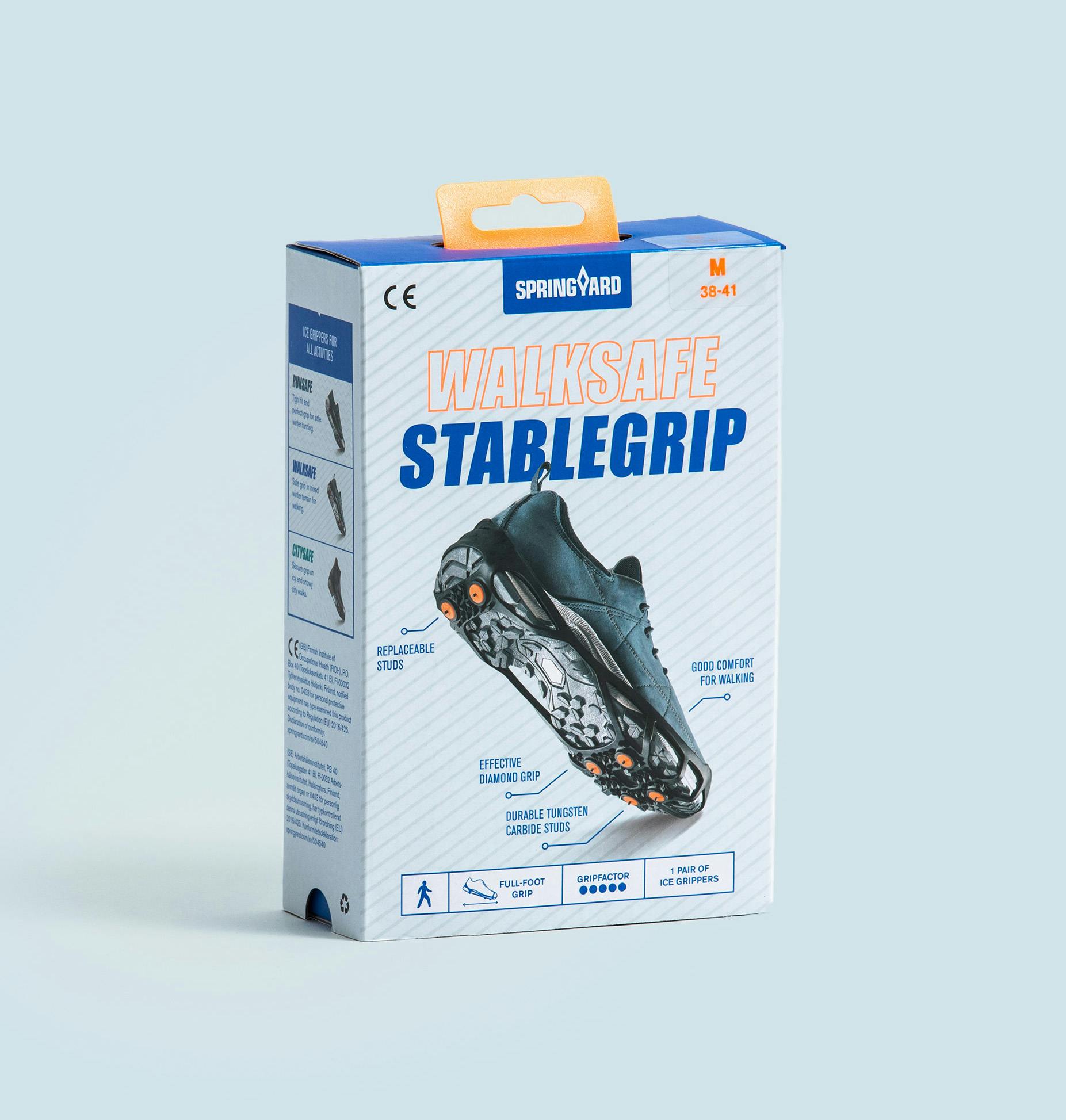 Förpackning för Walksafe StableGrip mot ljusblå bakgrund