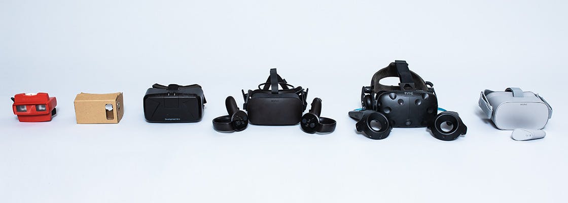 Sex olika typer av VR-headsets på rad